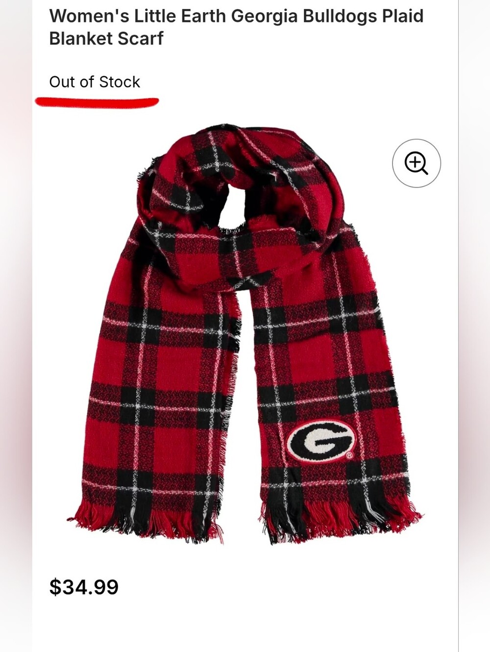 Women's Littlearth Georgia Bulldogs Plaid Blanket Scarf. Approx 75" x 30. New